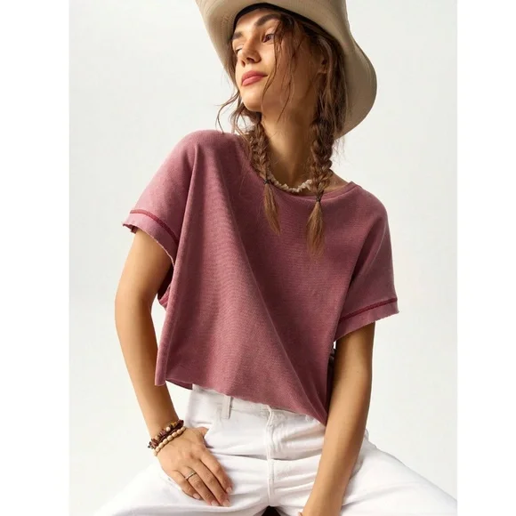 Redwood Cotton Oversized Cropped Muscle Tee Shirt Raw Hem and Inside Out Stitch - Picture 5 of 12